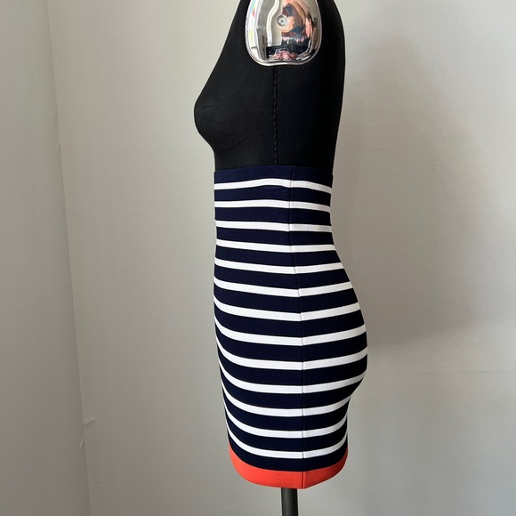 BCBG Bodycon Short Skirt Navy and White Stripe with Bright Orange Bottom Trim - Picture 2 of 5